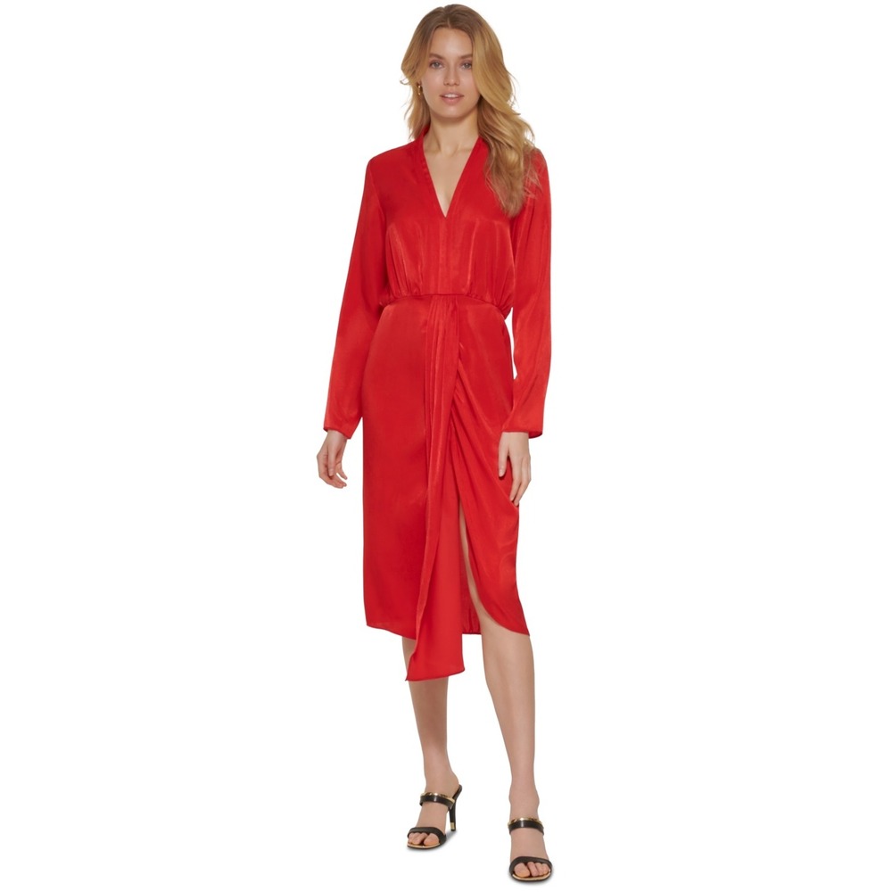 DKNY Faux Wrap Dress Womens 16 Scarlet Red Long Sleeve Midi NWT